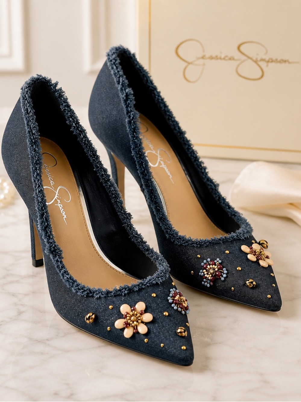 Jessica Simpson Embellished Denim Blue Floral Pointed Toe Heels Size 9